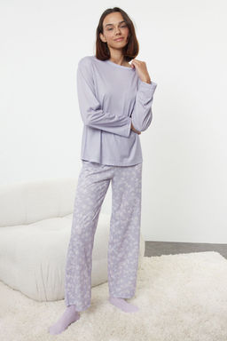Trendyolmilla Lila %100 Pamuklu Cicekli Orme Pijama Tak?m? THMAW25PT00187  фото 3