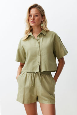 Yesil Dokuma Keten Gorunumlu Gomlek Sort Plaj Tak?m TBESS24AU00054 - Trendyolmilla фото 3