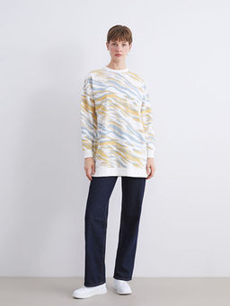 B?y?k Beden Bisiklet Yaka Desenli Kad?n Sweatshirt Tunik