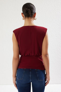 Bordo Vatkal? Buzgu/Drape Detayl? S?f?r Kol Belden Oturmal? Dokumlu Orme Bluz TWOSS25BZ00031 - Trendyolmilla фото 5