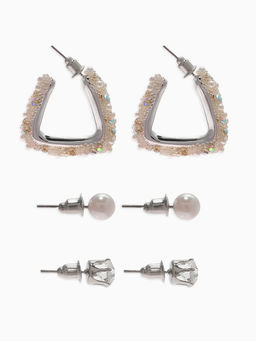 Серьги со стразами «Блеск» треугольник (набор 3 пары), d=6мм, цвет радужно-белый в серебре 1102178