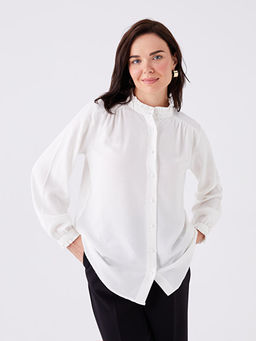 Hakim Yaka D?z Uzun Kollu Keten Kar???ml? Kad?n Tunik