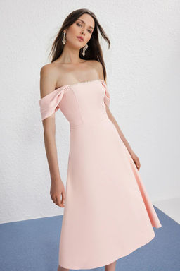 TRENDYOLMILLA Siyah Inci Detayl? Belden Ac?lan Dokuma Midi Elbise TPRSS25EL00287  фото 7