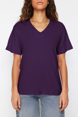 Mor %100 Pamuk Oversize/Genis Kal?p V Yaka Orme T-Shirt TWOSS23TS00003