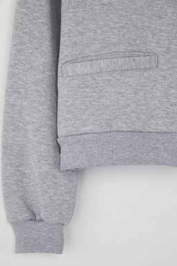 Gri Melanj Regular/Normal Kal?p Fermuarl? Dik Yaka Kal?n Ici Polarl? Orme Sweatshirt TWOAW26SW00017