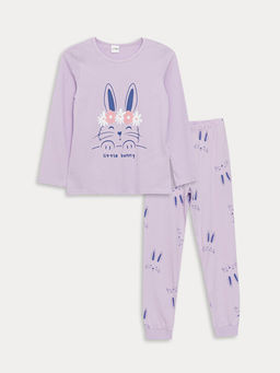 Bisiklet Yaka Bask?l? Uzun Kollu K?z ?ocuk Pijama Tak?m?