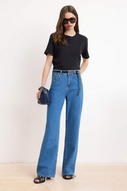 Koyu Mavi DOKUMLU Normal Bel %100 Pamuk Wide Leg Jeans TWOSS26JE00062 - Trendyolmilla фото 11
