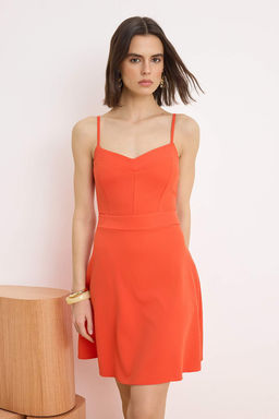 Nar Cicegi Duz Etegi Belden Ac?lan Ince Ask?l? Mini Esnek Dokuma Elbise TWOSS26EL00293
