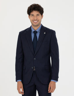 %100 Y_n Lacivert _izgili Ekstra Slim Fit Tak_m Elbise