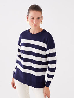 Bisiklet Yaka ?izgili Uzun Kollu Oversize Kad?n Triko Kazak