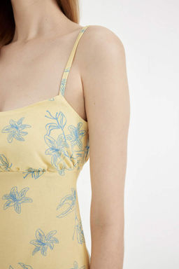 Льняное платье миди с цветочным принтом и бретельками А-силуэта - Defacto фото 8