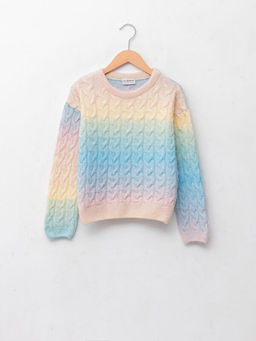 Bisiklet Yaka Sa? ?rg?s? Desenli Uzun Kollu K?z ?ocuk Triko Kazak