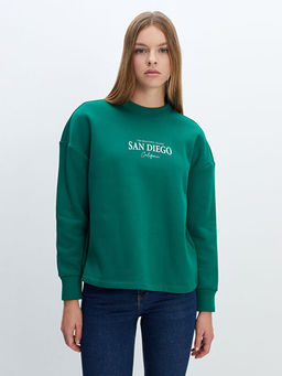 Bisiklet Yaka Bask?l? Oversize Kad?n Kal?n Sweatshirt