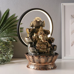 Фонтан настольный с подсветкой «Ганеша в золотом под водопадами», от сети, 25×20×34 см