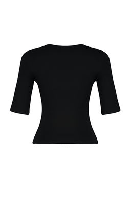 Siyah Fitted/Vucuda Oturan Kay?k Yaka K?sa Kollu Pamuklu Esnek Orme Bluz TWOSS24BZ00076