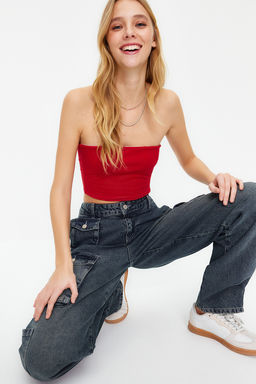 Trendyolmilla Ekru Fitted Straplez Yaka Crop Esnek Orme Bluz TWOSS24BZ00055 фото 11