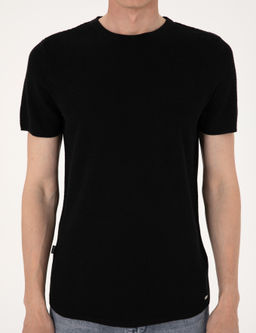Siyah Slim Fit Keten Kar___ml_ Bisiklet Yaka Triko Ti__rt