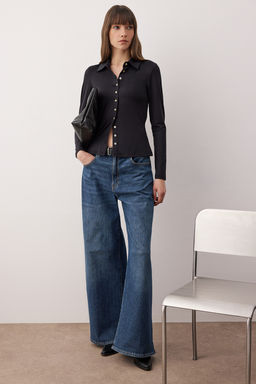 Trendyol Studio Collection Siyah Polo Yaka Full Dugmeli Vucuda Oturan Esnek Orme Bluz TWOAW26BZ00276 - Trendyolmilla фото 2