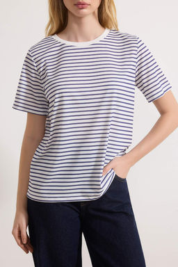 Lacivert-Gri Melanj-Ekru Cizgili 3lu Paket Basic Bisiklet Yaka Orme T-Shirt TWOSS20TS0146