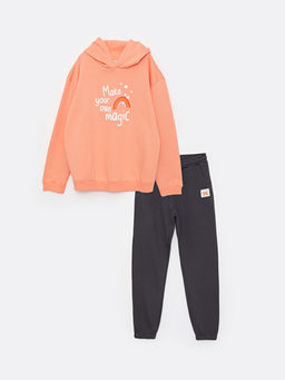 Kap??onlu Bask?l? Uzun Kollu K?z ?ocuk Sweatshirt ve E?ofman Alt?