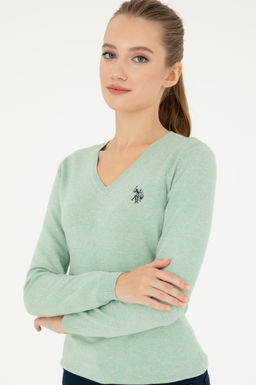 Женский зеленый меланжевый базовый свитер с v-образным вырезом Неожиданная скидка в корзине - U.s. polo assn фото 3