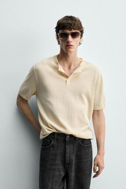 CAMISETA PUNTO CUELLO PANADERO ALGOD?N - LINO / Crudo