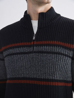 Dik Yaka Uzun Kollu ?izgili Erkek Triko Kazak