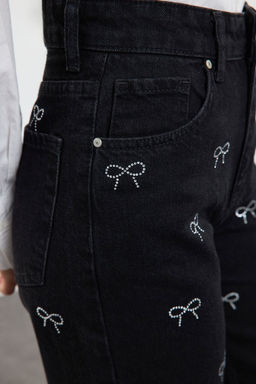 Siyah Fiyonk/Kurdele Detayl? Tasl? Yuksek Bel Wide Leg Jeans TWOAW25JE00325 - Trendyolmilla фото 4