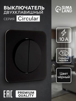 Выключатель, серия Circular, 10 А, двухклавишный, скрытый монтаж, чёрный