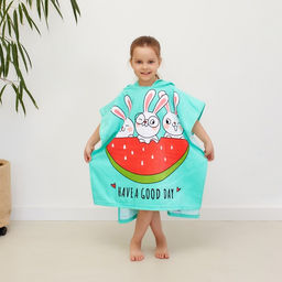 Полотенце-пончо детское махровое Крошка Я Зайчики 60х120см, 100% хлопок, 300гр/м2