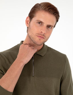 Koyu Haki Slim Fit Fermuarl_ Polo Yaka Triko Kazak - Pierre cardin фото 2