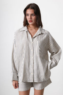 Bej Oversize Cepli Cizgili Dusuk Kol Gomlek TWOSS25GO00061 - Trendyolmilla фото 2