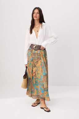 Renkli Etnik Desenli Kemerli Astarl? Sifon Etek TWOSS26ET00234