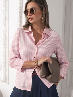 Блузка свободного силуэта в полоску с рукавом 3/4 из эластичного хлопка