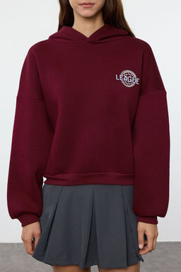 Bordo S?rt Bask? Detayl? Kapusonlu Kal?n Ici Polarl? Orme Sweatshirt TWOAW22SW0711