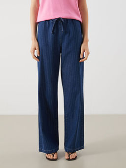 Beli Lastikli ?izgili Wideleg Kad?n Jean Pantolon