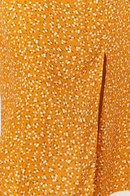 Turuncu Cicek Desenli Duz Kesim Y?rtmac Detayl? Viskon Midi Dokuma Elbise TWOSS23EL02085