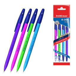 Цена за 24 шт. Набор из 4 ручек шариковых ErichKrause R-301 Stick Neon 1.0, цвет чернил синий (в пакете)
