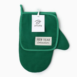 Набор кухонный «Этель» New year collection цвет зелёный, варежка 18×29 см, прихватка 19×19 см,100% хлопок