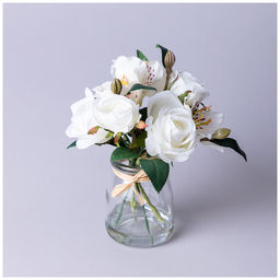 БУКЕТ ИСКУССТВЕННЫХ ЦВЕТОВ В КРУГЛОЙ ВАЗЕ ВЫСОТА= 16СМ