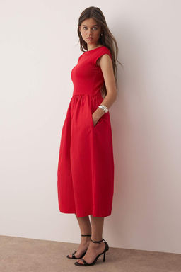 Kahverengi Ustu Esnek Fitilli Alt K?sm? Genis Terrycotton Kontrast Dokuma Elbise - Trendyolmilla фото 10