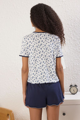 Trendyolmilla Lacivert-Beyaz Pamuklu Cicekli Biyeli Fitilli Orme Pijama Tak?m? THMSS25PT00432 фото 4