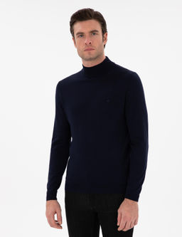 Lacivert Slim Fit Y_n Kar___ml_ Yar_m Bal_k__ Yaka Basic Triko Kazak