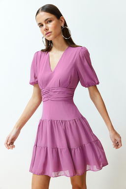 Pembe Belden Ac?lan Volanl? Sifon Astarl? Mini Dokuma Elbise TWOSS24EL00634 - Trendyolmilla фото 3