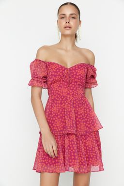Cok Renkli Cicekli Etegi Volanl? Skater/Belden Ac?lan Sifon Mini Astarl? Dokuma Elbise TWOSS22EL2772