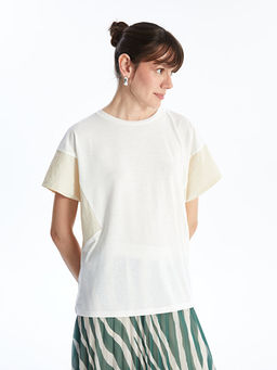 Bisiklet Yaka Renk Bloklu K?sa Kollu Oversize Kad?n Ti??rt