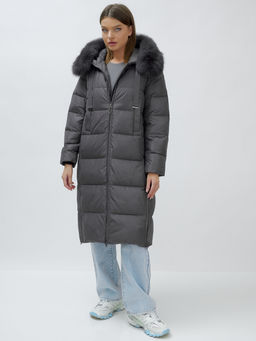 с натуральным мехом песца класса Люкс Бренд Visdeer Пальто зимние темно-серого цвета  фото 11