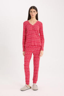 Fall in Love Y?lbas? Temal? Pijama Tak?m? Waffle Kumas Uzun Kollu Pijama Ustu Esnek Belli Uzun Pijama Alt?