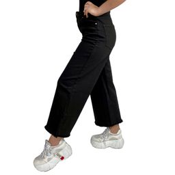 Черные широкие женские джинсы - высокая посадка, естественная бахрома по нижнему краю №251