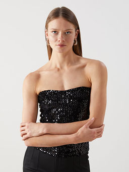 Straplez Yaka Payetli Kad?n Bluz